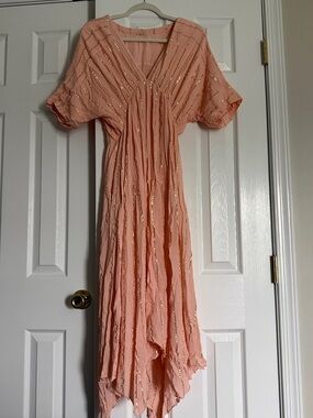 En Creme Peach Maxi Dress with Gold Sequin Accents